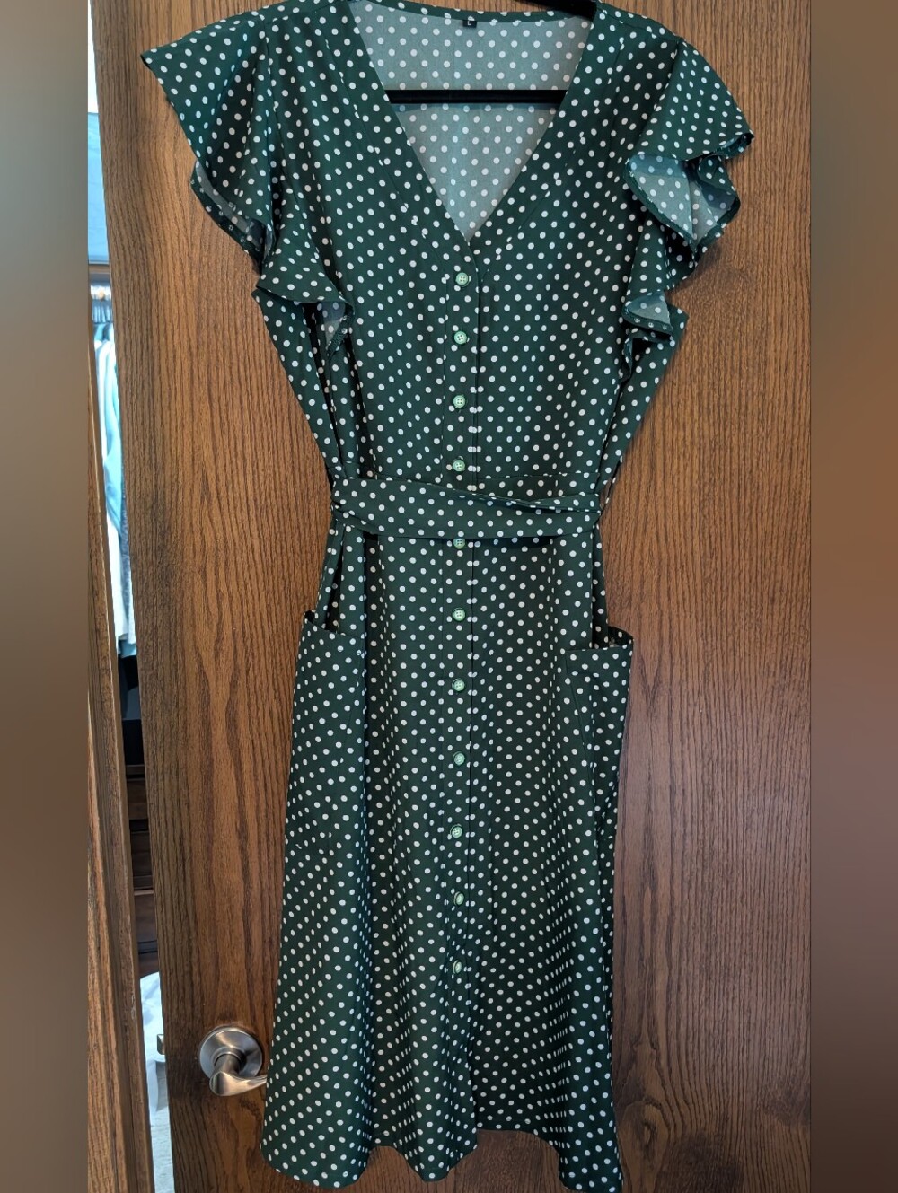 Source Unknown Green Polka Dot Midi Dress with Tie Waist